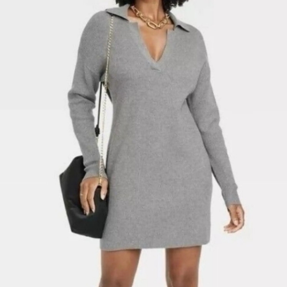 A New Day - Women's Long Sleeve Ribbed Sweater Midi Dress Gray Workwear Sz S